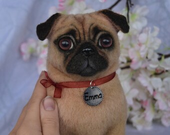 May include: A close-up of a brown and tan pug with a red ribbon around its neck and a silver tag that says "Emma".