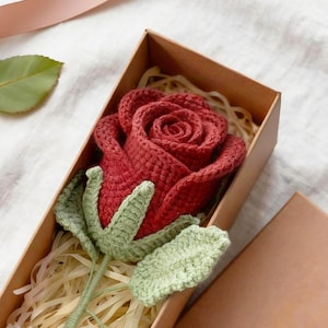 May include: A deep red crocheted rose with light green leaves and a stem, nestled inside a rectangular brown cardboard gift box filled with shredded paper filler. The rose features intricate yarn stitching and a layered petal structure.