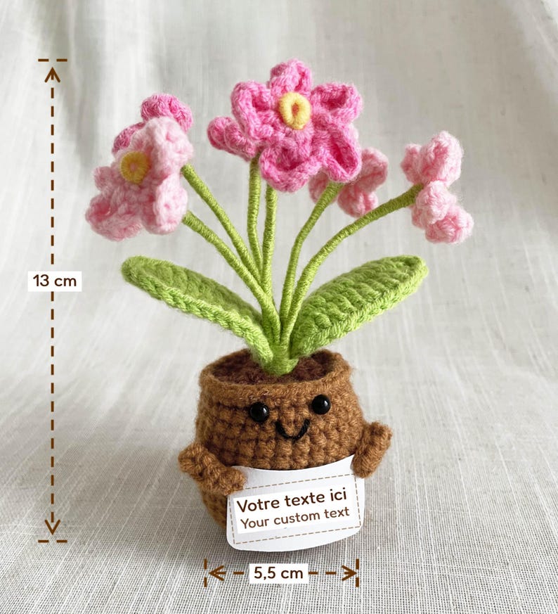 Plante crochetée avec fleurs roses, dimensions 13 cm de hauteur et 5,5 cm de largeur, cadeau personnalisable.