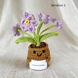 May include: A crocheted potted plant featuring light purple flowers with yellow centers and green leaves. The brown pot has a smiling face and holds a white sign with the text La vie est belle. The item is labeled as Variation 2 in the upper right corner.
