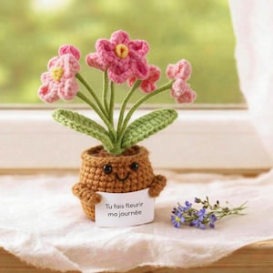 May include: A crocheted flower pot with a smiling face holds pink flowers with yellow centers and green leaves. A small white card reads "Tu fais fleurir ma journée". A sprig of small purple flowers rests nearby.