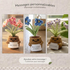 Exemples de messages personnalisables sur petite plante crochetée, idée cadeau personnalisée