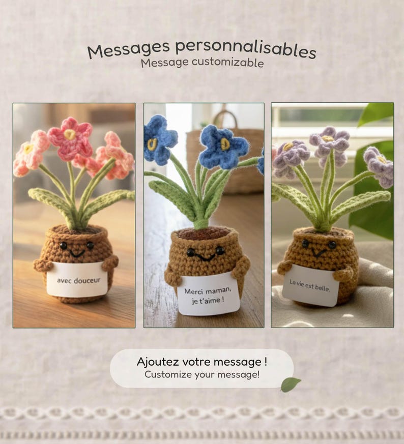 Exemples de messages personnalisables sur petite plante crochetée, idée cadeau personnalisée