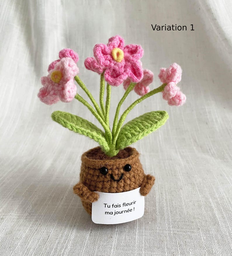 May include: A crocheted potted plant with pink flowers, green leaves, and a brown pot featuring a smiling face. The pot holds a white sign with the text "Tu fais fleurir ma journ&eacute;e!" and the image includes the text "Variation 1" in the corner.