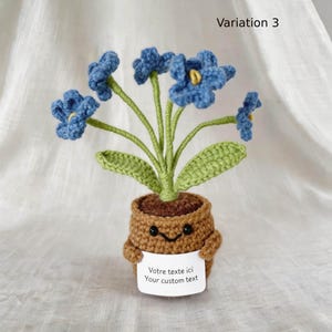 May include: A crocheted potted plant featuring five blue flowers with yellow centers and green stems and leaves. The brown pot has a smiling face and holds a white sign with the text "Votre texte ici Your custom text". Variation 3 is labeled.