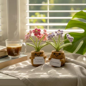 May include: Two crocheted potted plants with smiling faces, one with pink flowers and a sign reading 'Tu fais fleurir ma journ&eacute;e !' and the other with purple flowers and a sign reading 'La vie est belle.', both featuring green stems and brown pots.