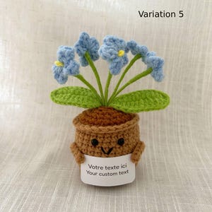 May include: A crocheted potted plant with light blue flowers, green leaves, and a brown pot featuring a smiling face. The pot holds a white sign with the text "Votre texte ici Your custom text". The image includes the text "Variation 5".