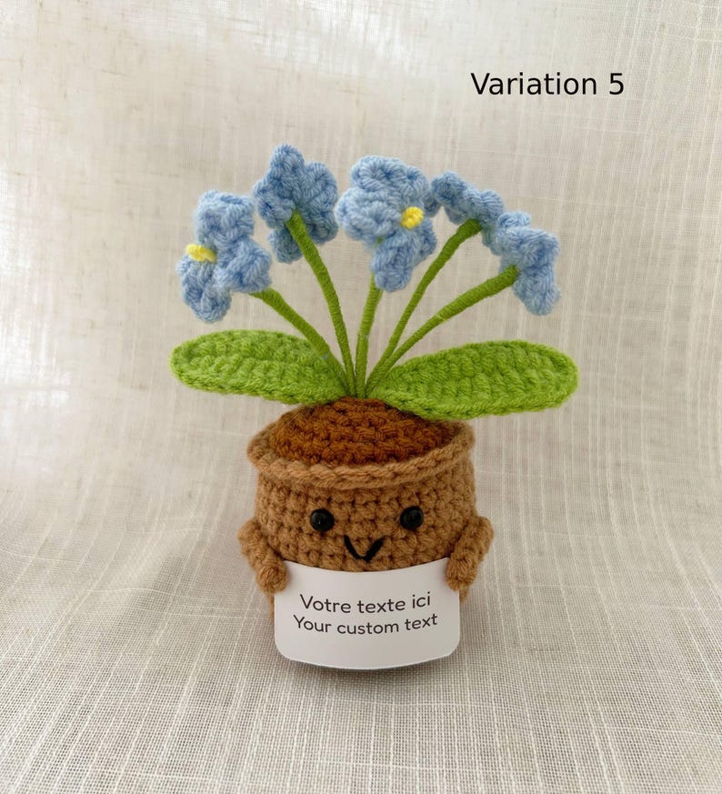 May include: A crocheted potted plant with light blue flowers, green leaves, and a brown pot featuring a smiling face. The pot holds a white sign with the text "Votre texte ici Your custom text". The image includes the text "Variation 5".