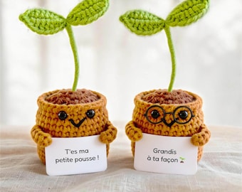 Può includere: Due piante in vaso all'uncinetto con foglie verdi e vasi marroni. Un vaso ha una faccia sorridente e tiene un cartello con scritto T'es ma petite pousse!. L'altro indossa occhiali tondi neri, ha una faccia sorridente e tiene un cartello con scritto Grandis à ta façon.