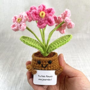 May include: A crocheted potted plant featuring pink flowers with yellow centers and green leaves. The brown pot has a smiling face and holds a white sign with the black text "Tu fais fleurir ma journ&eacute;e !" written on it, crafted from yarn.