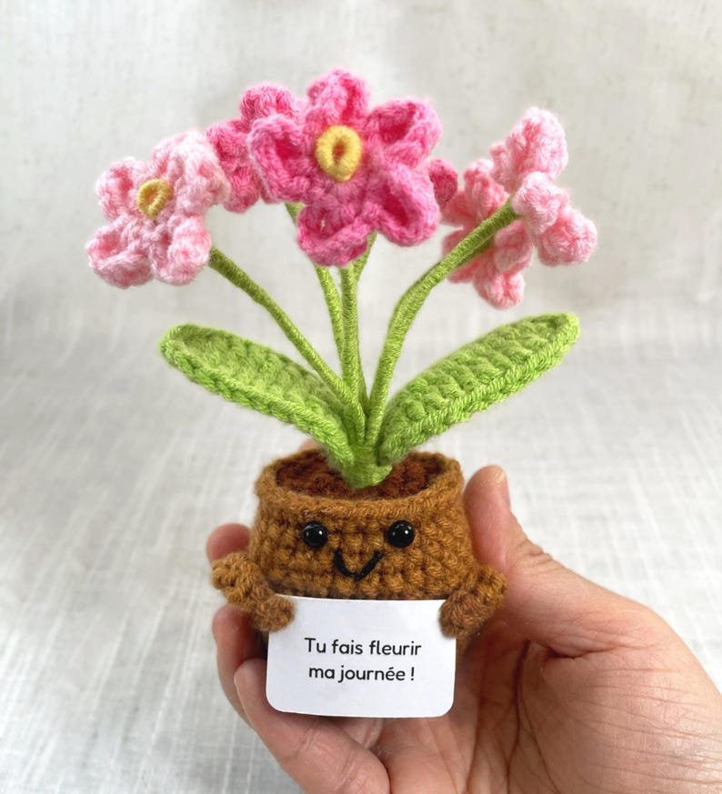 May include: A crocheted potted plant featuring pink flowers with yellow centers and green leaves. The brown pot has a smiling face and holds a white sign with the black text "Tu fais fleurir ma journ&eacute;e !" written on it, crafted from yarn.