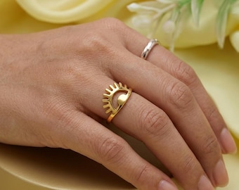 Gold Sunrise Ring, Minimalist Sun Ring for Women, Boho Gold plated Jewellery, Celestial Sunburst Ring, Gift for Her