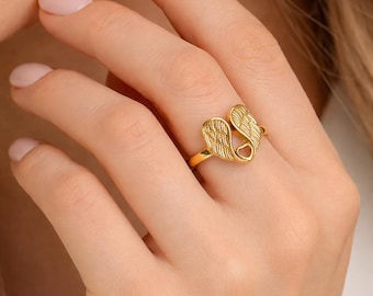 Angel Wings Heart Ring for Women, Brass & Sterling Silver Ring, Gold Plated Promise Ring, Guardian Angel Jewellery, Anniversary Gift for Her