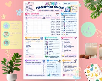 ADHD Subscription Tracker Printable | Subscription Organizer & Monthly Expense Worksheet | Budget PDF