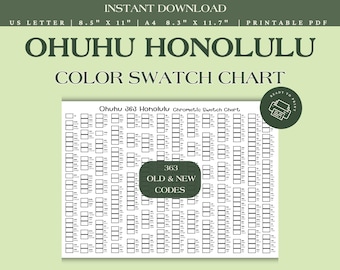 Könnte beinhalten: Ein druckbares PDF-Farbfeld für Ohuhu Honolulu Marker. Die Tabelle enthält 363 alte und neue Farbcodes mit einem druckfertigen Design. Erhältlich in den Größen US Letter (21,6 cm x 27,9 cm) und A4 (21,1 cm x 29,7 cm).