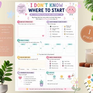 May include: A printable planning worksheet titled I DON'T KNOW WHERE TO START A SIMPLE PLAN TO GET UNSTUCK. The document features seven numbered sections with checkboxes, prompts, and icons to help break down tasks, manage overwhelm, and track progress.