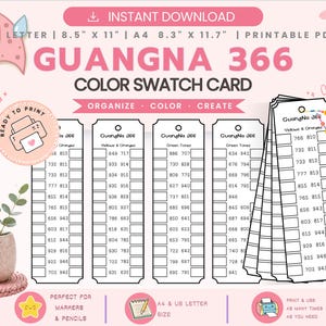 Peut inclure: Une carte d'échantillons de couleurs imprimable pour les marqueurs et crayons Guangna 366, présentant plusieurs bandes verticales avec des cases numérotées pour l'organisation. Le document inclut des étiquettes pour les formats A4 et US Letter.