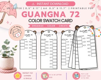 GuangNa 72 Swatch Card Printable PDF | Marker Color Swatch Chart with Codes | Blank Swatch Cards | A4 US Letter | Instant Download