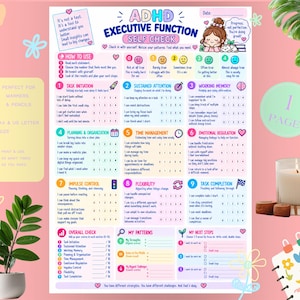 May include: An ADHD executive function self-check worksheet featuring nine numbered categories including task initiation, sustained attention, and emotional regulation, with a rating scale from zero to four and sections for patterns and next steps.