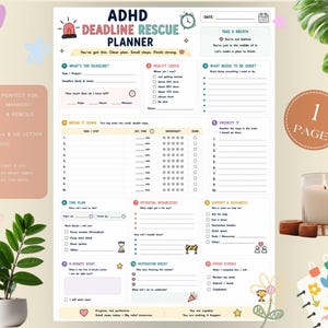Può includere: Un foglio stampabile bianco ADHD Deadline Rescue Planner con sezioni per scadenze, suddivisione dei compiti, pianificazione del tempo e motivazione. Il documento include icone colorate, caselle di controllo e campi di testo per organizzare i progetti.