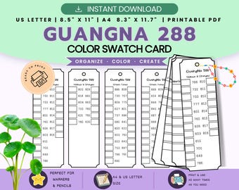 GuangNa 288 Swatch Card Printable PDF | Marker Color Swatch Chart with Codes | Blank Swatch Cards | A4 US Letter | Instant Download