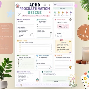 Pode incluir: Uma página de planeador ADHD Procrastination Rescue imprimível com secções para decomposição de tarefas, um temporizador de cinco minutos, gestão de distrações e planeamento de recompensas, incluindo ícones coloridos e caixas de verificação.