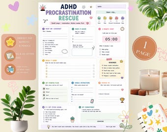 May include: A printable ADHD Procrastination Rescue planner page featuring sections for task breakdown, a five-minute start timer, distraction management, and reward planning. The document includes colorful icons, checkboxes, and prompts to help organize daily goals.