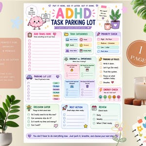 Könnte beinhalten: Ein farbenfrohes ADHD Task Parking Lot Planungsblatt mit Abschnitten für Aufgabenkategorien, Prioritätsprüfungen, Dringlichkeit, Parkplatzlisten, Energiechecks und Überprüfungsschritte, ergänzt durch pastellfarbene Illustrationen.