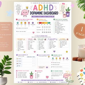 May include: A white ADHD Dopamine Dashboard planner sheet featuring colorful sections for tracking brain chemicals, daily check-ins, dopamine levels, and task lists. The page includes illustrations of a brain character, plants, and icons for daily planning.