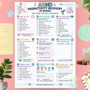 Puede incluir: Una hoja blanca de ADHD Productivity Recovery Planner con encabezados coloridos, casillas de verificación y secciones de texto. El documento incluye nueve pasos numerados para la gestión de tareas, seguimiento emocional y planificación diaria.