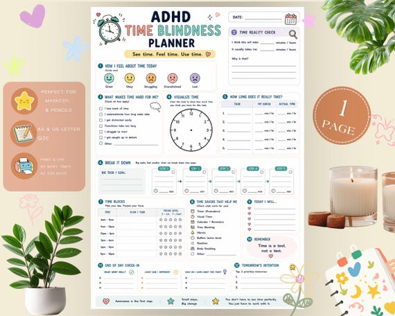 ADHD Time Blindness Planner Printable | Time Management Worksheet | Visual Time Tracker & Executive Function PDF