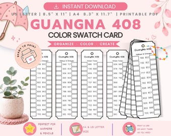 GuangNa 408 Swatch Card Printable PDF | Marker Color Swatch Chart with Codes | Blank Swatch Cards | A4 US Letter | Instant Download