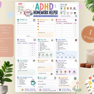 Könnte beinhalten: Eine druckbare ADHD Homework Helper Planerseite mit zwölf Abschnitten für Aufgabenmanagement, Zeitplanung, Fokusstrategien und Motivation. Das Dokument enthält farbenfrohe Symbole, Kontrollkästchen und Aufforderungen zur Organisation von Hausaufgaben.