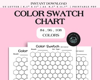 May include: A printable color swatch chart with the text "COLOR SWATCH CHART" and the options for 84, 96, and 108 colors. The design includes a honeycomb pattern for color organization, and is available in US Letter and A4 sizes.