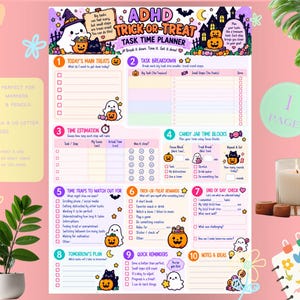 May include: A colorful ADHD Trick-or-Treat Task Time Planner printable sheet featuring ten sections for task management, time estimation, and rewards. The design includes illustrations of ghosts, pumpkins, and cats with text prompts for daily planning and productivity tracking.