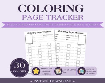 Könnte beinhalten: Ein digitaler Download mit zwei "Coloring Page Tracker"-Blättern. Die Blätter haben Bereiche, um den Fortschritt beim Ausmalen zu verfolgen, mit Abschnitten für Thema, Seite, Start, Ende und Bewertung. Das Design enthält den Text "30 COLORS" und "Instant Download".