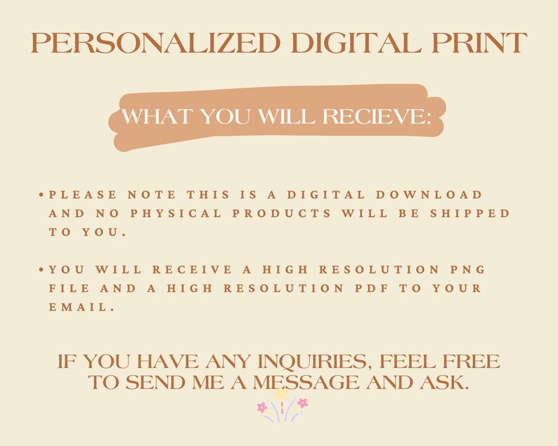 K&ouml;nnte beinhalten: Eine digitale Druck-Infografik mit hellbeigem Hintergrund und braunem Text. Es steht geschrieben: PERSONALIZED DIGITAL PRINT, WHAT YOU WILL RECIEVE: PLEASE NOTE THIS IS A DIGITAL DOWNLOAD AND NO PHYSICAL PRODUCTS WILL BE SHIPPED TO YOU.