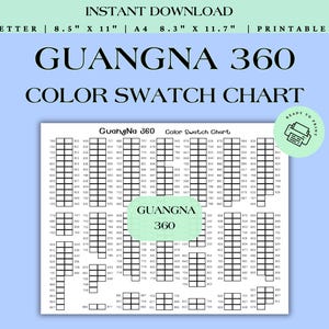 Op de afbeelding: Een afdrukbare kleurenkaart met het label "GUANGNA 360 COLOR SWATCH CHART" op een lichtblauwe achtergrond. De kaart bevat een raster van kleurstalen met bijbehorende nummers. De bovenkant van de afbeelding bevat de tekst "INSTANT DOWNLOAD" en papierformaatopties.