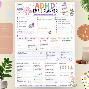 May include: A printable ADHD email planner sheet featuring sections for email check-in, focus, inbox sorting, and drafting. The document includes colorful icons, checkboxes, and prompts for email management, with the title ADHD EMAIL PLANNER at the top.