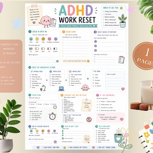 May include: A printable ADHD Work Reset planner page featuring ten sections for task management, mental check-ins, and focus planning. The document includes colorful icons, checkboxes, and prompts to help organize thoughts, energy levels, and daily priorities.