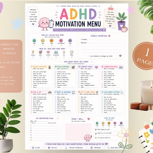 Könnte beinhalten: Ein ausdruckbares ADHD Motivation Menu Arbeitsblatt mit einer pastellfarbenen Palette, einer Cartoon-Gehirnfigur und verschiedenen Checklisten für Energie, Fokus, Komfort und Verbindung. Das Dokument enthält Bereiche für tägliche Vorsätze.