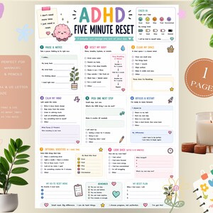 Może przedstawiać: Drukowalny arkusz roboczy do pięciominutowego resetu ADHD zawierający sekcje dotyczące pauzy, resetu ciała, porządkowania przestrzeni, uspokojenia umysłu, wyboru kolejnego kroku, ponownego skupienia i podsumowania z ikonami.