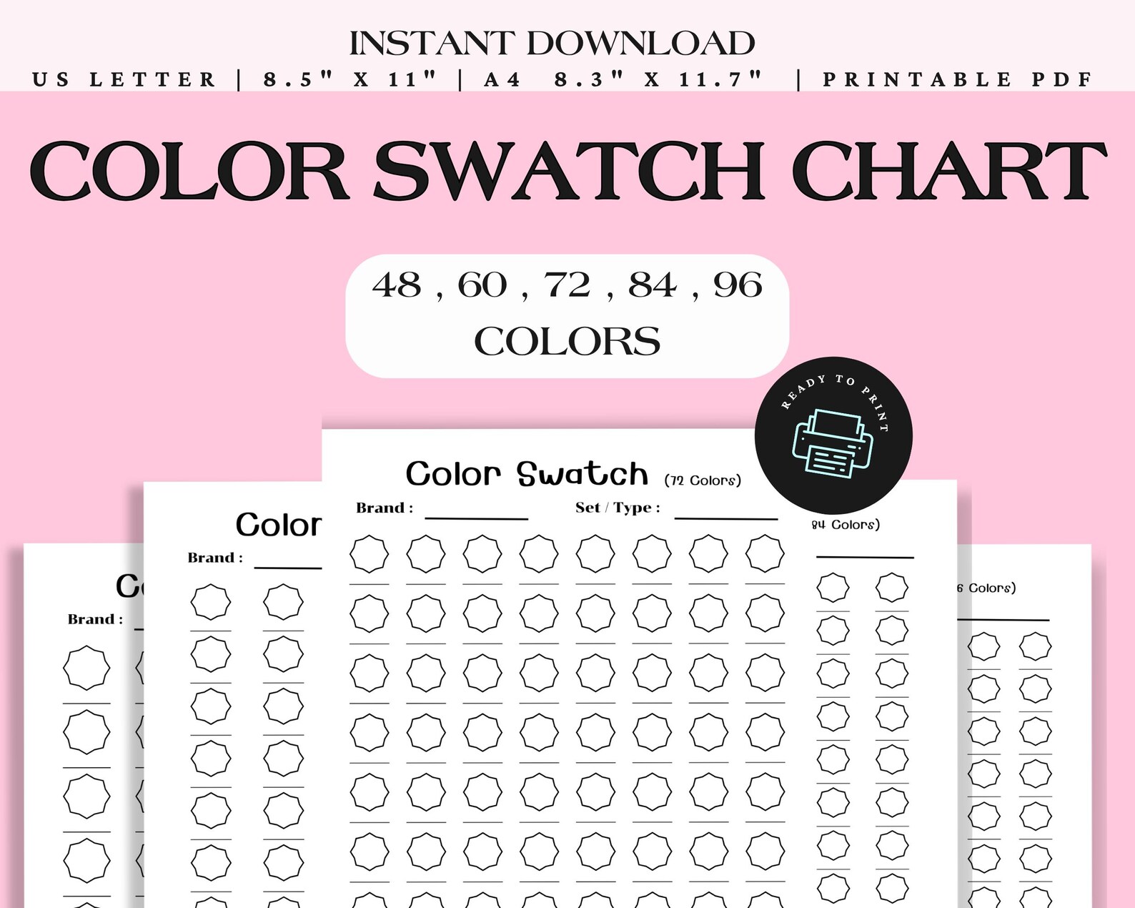 Color Swatch Chart Printable – Blank Color Palette for Artists – 48/60 ...