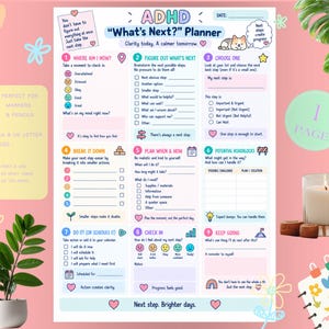 May include: An ADHD What's Next? Planner printable sheet featuring nine numbered sections for task management, mood tracking, and goal setting. The document includes pastel-colored headers, checkboxes, and prompts to help break down tasks into smaller steps.