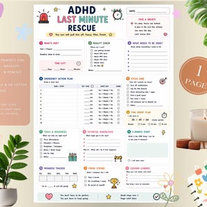 Könnte beinhalten: Eine druckbare ADHD Last Minute Rescue Planer-Seite mit Abschnitten für Aufgaben, Notfallpläne, Fokusbereiche, Zeit-Sprints und Fortschrittsverfolgung. Das Dokument enthält farbige Symbole, Kontrollkästchen und Aufforderungen zur Organisation.