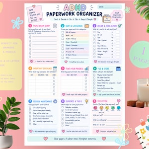 May include: A printable ADHD paperwork organizer sheet with a pastel color scheme. The document features nine numbered sections including Paper Brain Dump, Sort & Categorize, Decide & Take Action, Important Deadlines, Track Your Progress, and File & Store.