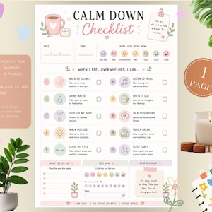 May include: A Calm Down Checklist printable sheet featuring a title, date and time fields, a mood scale, and ten numbered coping strategies with icons. The document includes sections for tracking helpful activities, a stress level scale, and a kind reminder.