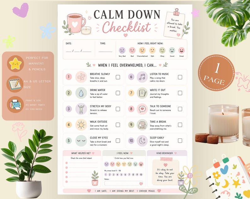 K&ouml;nnte beinhalten: Ein ausdruckbares Calm Down Checklist Blatt mit Titel, Datums- und Zeitfeldern, einer Stimmungsskala und zehn nummerierten Bew&auml;ltigungsstrategien mit Symbolen. Das Dokument enth&auml;lt Abschnitte zur Verfolgung hilfreicher Aktivit&auml;ten und eine Notiz.
