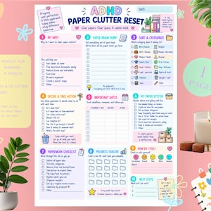 May include: A colorful ADHD paper clutter reset planner page featuring ten numbered sections with checkboxes, icons, and prompts for organizing documents, tracking dates, and monitoring progress, all set against a light pink background.