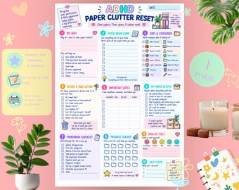 ADHD Paper Clutter Reset Printable | Paperwork Organizer & Declutter Checklist | Home Organization PDF